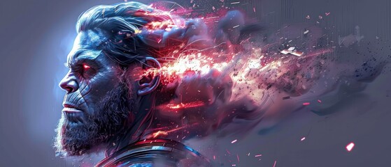 a digital painting of a man's face with red and blue lights coming out of his hair and beard.