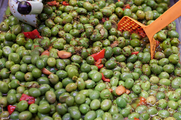 Pickled green olives at a market