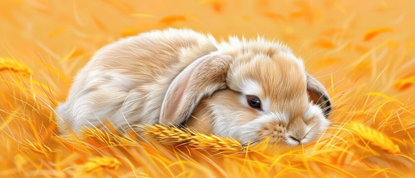 a painting of a bunny sitting in a field of wheat with its head resting on the ear of a plant.