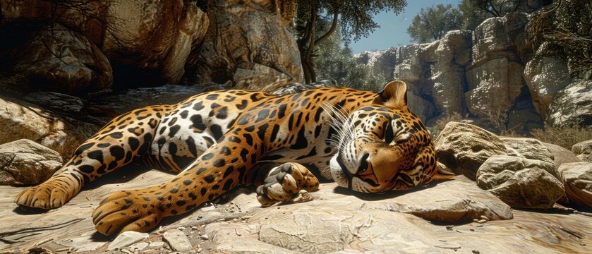 a painting of a tiger laying on top of a pile of rocks next to a tree and a rock wall.