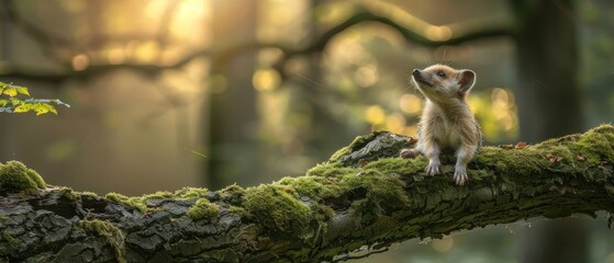 a small animal sitting on top of a moss covered tree branch in the middle of a forest with trees in the background.