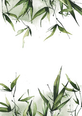 Watercolor bamboo greenery vertical rectangular frame. Green exotic branches, leaves and twigs. Watercolour template design.
