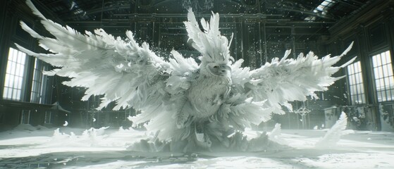 a large white bird standing in the middle of a room with a lot of snow on it's floor.