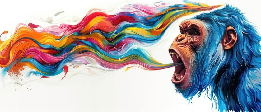 a painting of a monkey with colorful hair blowing out of it's mouth and a bird flying in the background.