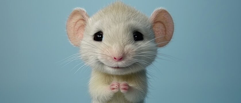 a close up of a white rat on a blue background with one eye open and one paw on the other side of the rat.
