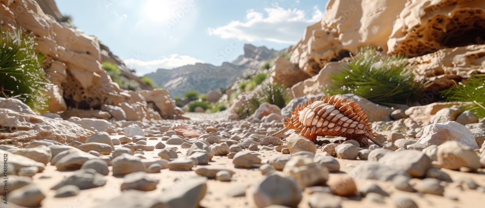 Wall mural a close up of a shell on a rocky area with a mountain in the back ground and a blue sky in the backg