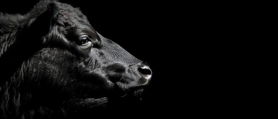 a close - up of a black cow's face in the dark, with its eyes open and a black background.
