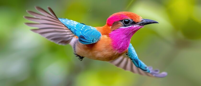 a colorful bird flying through the air with it's wings spread and it's wings spread wide open.