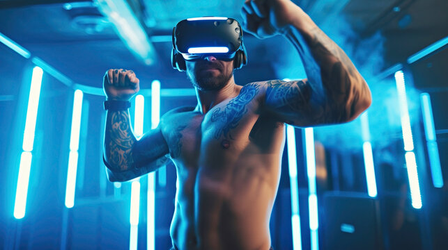 Muscular tattooed man flexes his arms during virtual reality immersion, in a modern gym with neon blue lights. Sports training, reboot in virtual reality