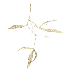 Golden texture bamboo branch with leaves. Exotic twig clipart.