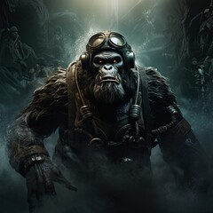 An eerie portrait of King Kong donning a diving suit with a hauntingly dark twist created using 3D animation techniques against a unique backdrop - obrazy, fototapety, plakaty
