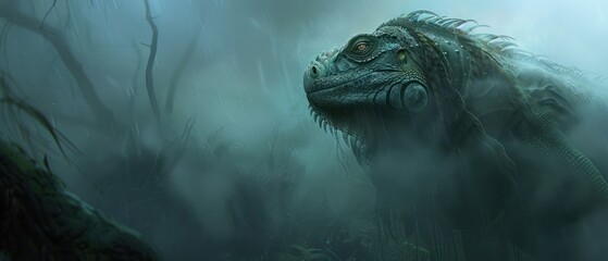 a painting of a dinosaur in the middle of a foggy forest with trees and bushes in the foreground.