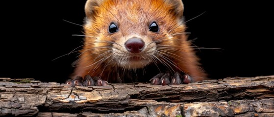 a close up of a rodent on a log looking at the camera with a surprised look on its face. - obrazy, fototapety, plakaty