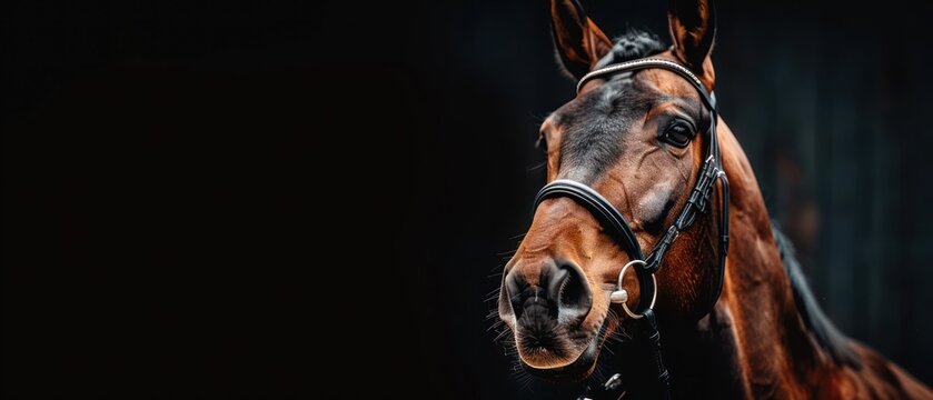 a brown horse with a bridle on it's head looking at the camera with a black background.