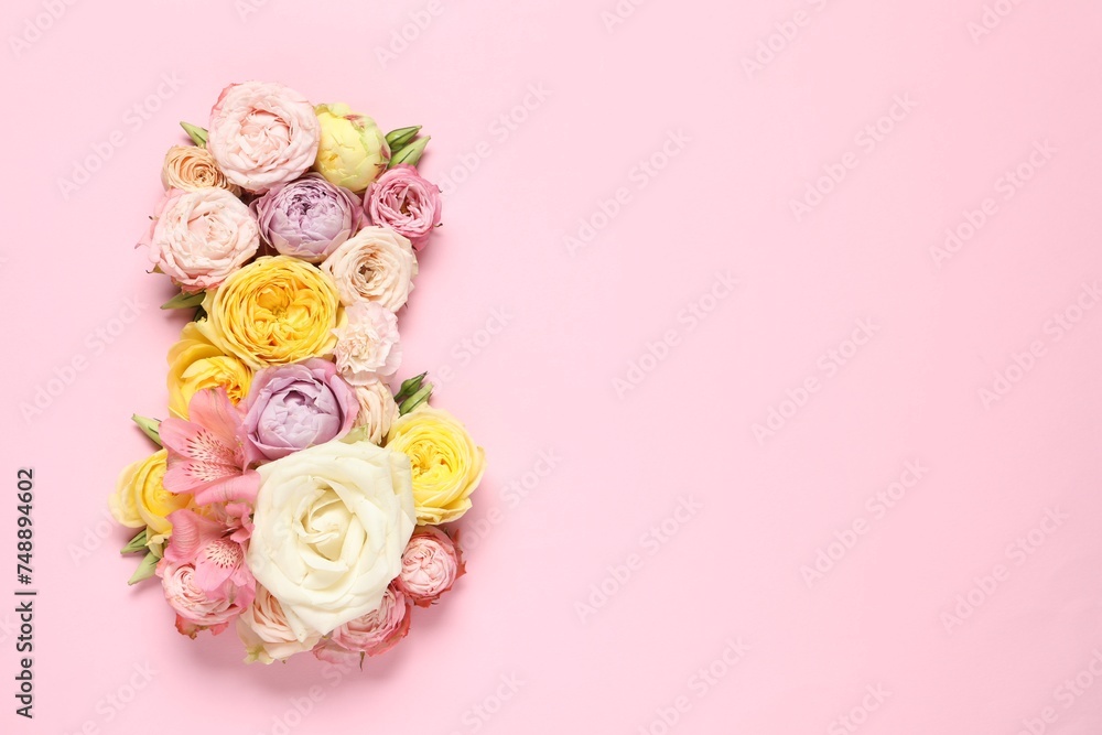 Canvas Prints 8 March greeting card design made with beautiful flowers on pink background, top view. Space for text