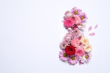 8 March greeting card design made with beautiful flowers on white background, top view. Space for text