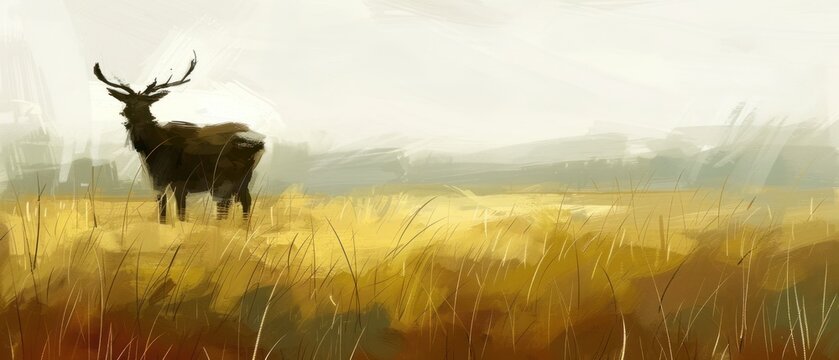a painting of a deer standing in a field of tall grass in front of a gray sky with a few clouds.