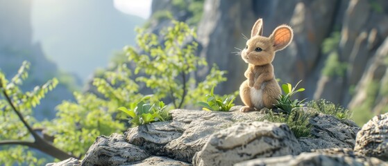 a small rabbit sitting on top of a rock next to a green leafy tree in a rocky area with a cliff in the background.