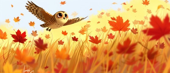 a painting of an owl flying over a field with autumn leaves on the ground and grass in the foreground.