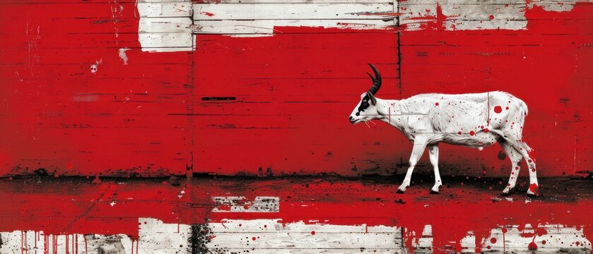 a painting of an antelope standing in front of a red wall with paint splattered on it.