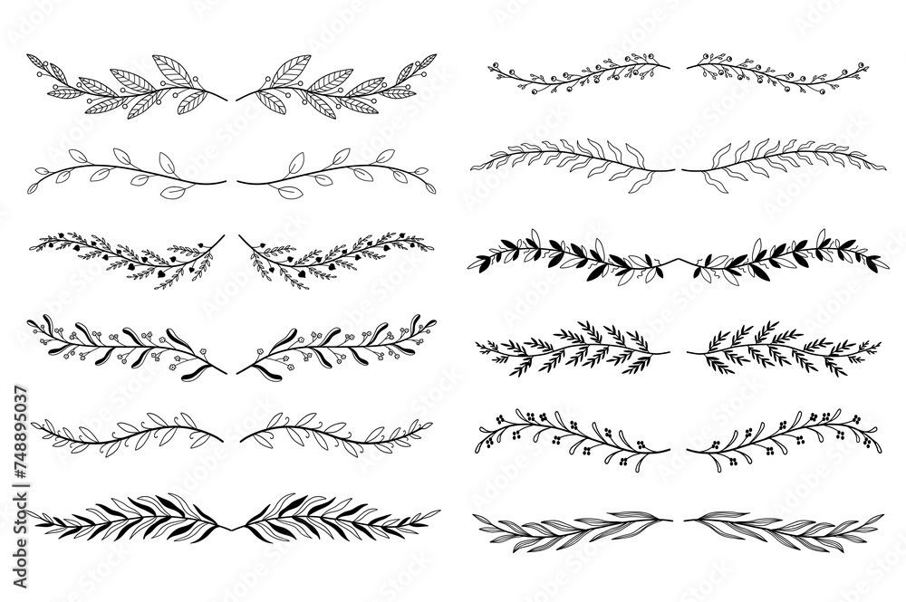 Aufkleber floral ornament dividers set in hand drawn design. leaves and tree branches elements. bundle of bota