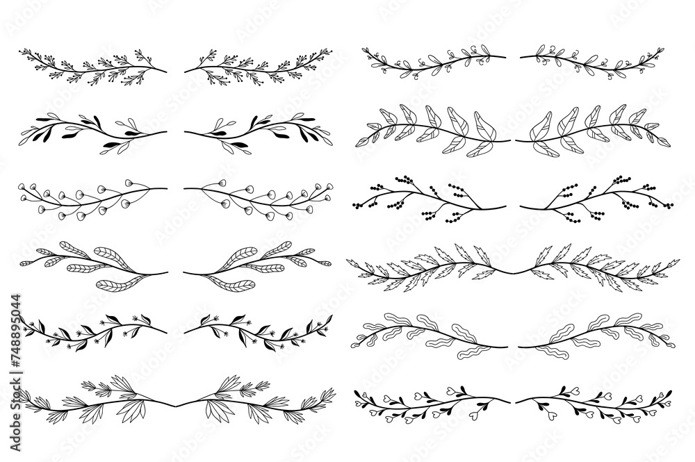 Aufkleber floral ornament dividers set in hand drawn design. leaves and tree branches elements. bundle of bota