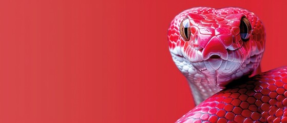 a close - up of a red snake's head on a red background with a red wall in the background.