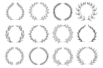 Ornamental branch wreathes set in hand drawn design. Laurel leaves wreath and decorative branch bundle. Different types of herbs, twigs with flowers and plants elements. Floral decoration.