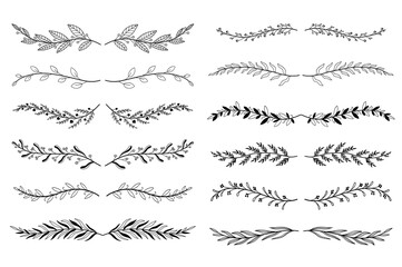 Floral ornament dividers set in hand drawn design. Leaves and tree branches elements. Bundle of botanical ornaments scrolls decoration and decorative branch. Illustration isolated collection.