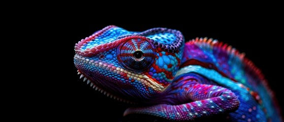 a close up of a colorful chamelon on a black background with a black background and a black background.