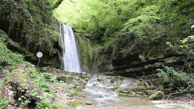 Waterfall flowing through the forest. A waterfall pouring out of rocks eroded by streams. Erfelek Waterfalls Video, Blacksea, Erfelek Sinop, Turkey