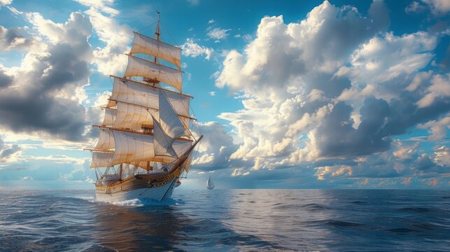 realistic sharp camera image of wooden windjammer ship,