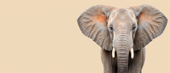 an elephant with tusks standing in front of a beige background with an orange spot on it's face.