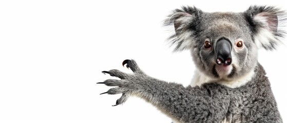 a close up of a koala on a white background with a white background and a koala on it's back legs.