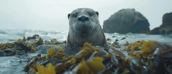a close up of a sea otter in a body of water with seaweed in the foreground and rocks in the background.