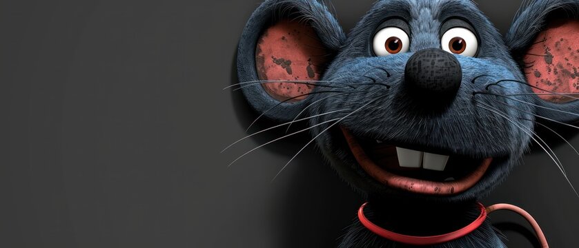 a close up of a cartoon mouse with a big smile on it's face and a red collar around it's neck.