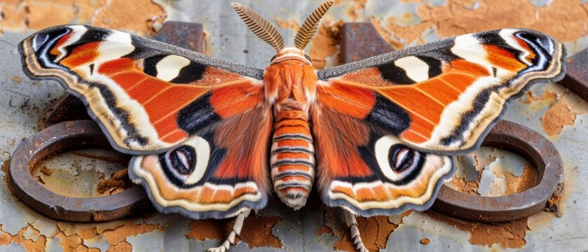 a close up of a butterfly on a piece of metal with a rusted surface and a pair of rusty scissors.