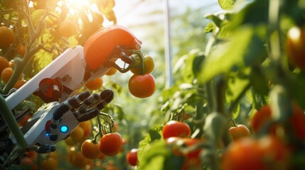Fruit harvesting robot is picking fresh fruit from trees. Fruit picking robots work with farmers using AI technology to harvest fruit.