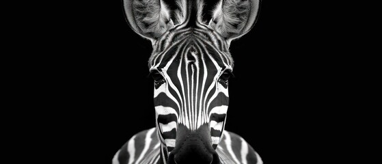 a black and white photo of a zebra's head and neck, with its eyes wide open, in front of a black background.