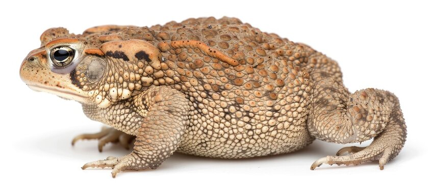 A Close Up Of A Frog On A White Background With A Black Spot On The Back Of The Frog's Head.