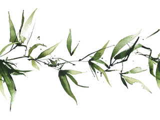 Watercolor hand painted exotic greenery seamless border frame. Green bamboo branches, leaves and twigs. Watercolour template design.
