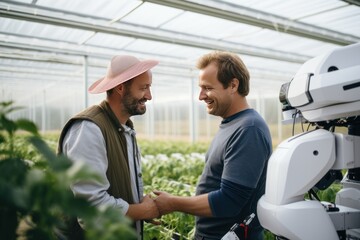 Farmers are supervising and controlling the robot's work. Robot and farmer smiling at each other - obrazy, fototapety, plakaty