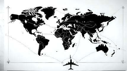 A minimalistic drawing of the world map with continents outlined in black on a white background,...