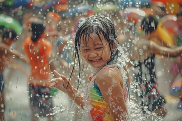 Obraz premium People celebrating Songkran (Thai new year / water festival) cute happy girl playing with water, thailand