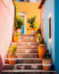 A narrow village street adorned with vibrant, loud-colored houses and stairs ascending upwards.