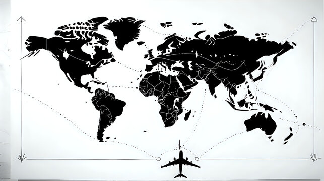 A minimalistic drawing of the world map with continents outlined in black on a white background, and a plane's nose pointing at the center of the map, suggesting global travel