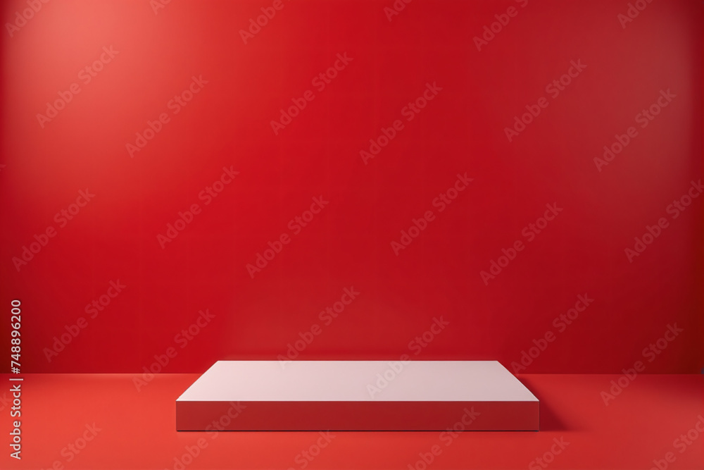 Poster empty pedestal display on red background with blank stand for product show or presentation
