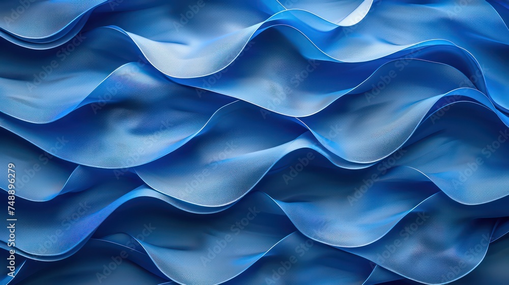 Poster a digitally rendered image featuring smooth, flowing waves with a metallic blue texture, creating a 