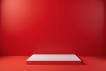 Empty pedestal display on red background with blank stand for product show or presentation