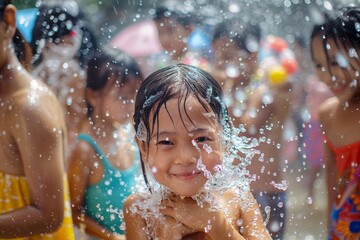 People celebrating Songkran (Thai new year / water festival) cute happy girl playing with water, thailand